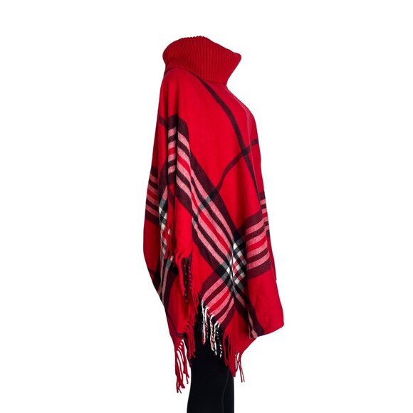 Talbots Women's Red Plaid Poncho With Fringe Hem & Turtleneck Sweater Sz M/L-NEW - Picture 3 of 8